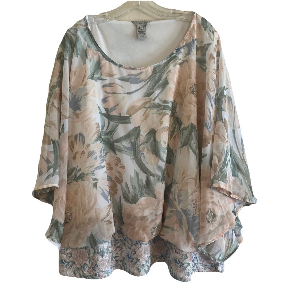 Multiples Blouse Womens 3X Green Pink Floral Caftan Sleeve Tank Lining Boho Chic